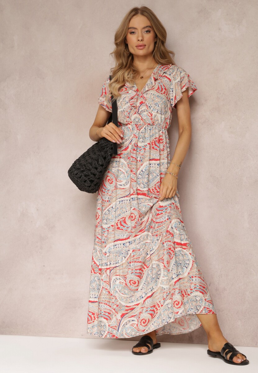 Czerwona Wiskozowa Sukienka z Gumką w Pasie i Kopertowym Dekoltem  Asima