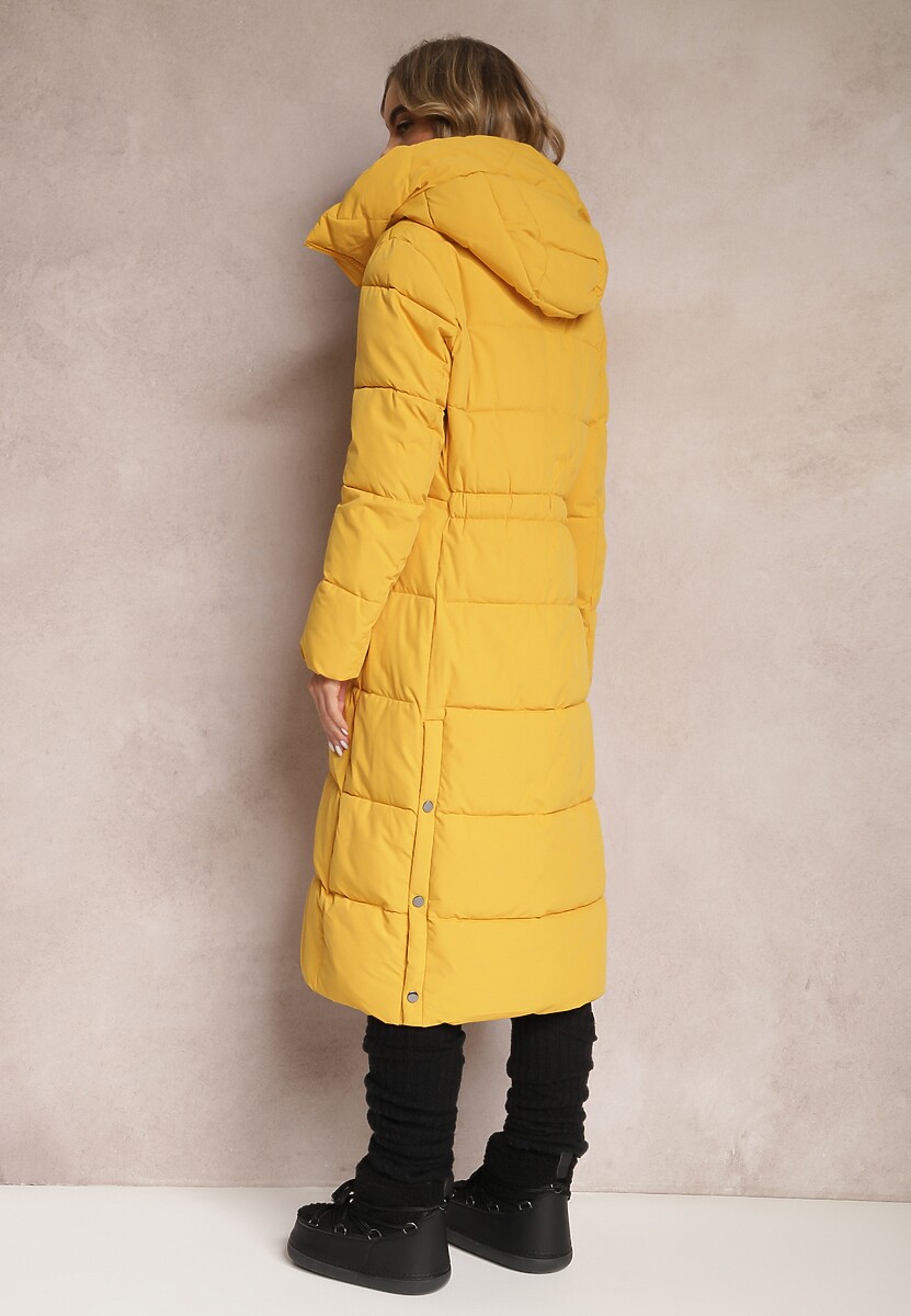 Żółta Długa Kurtka Płaszcz z Pikowaniem oraz Kapturem Madirre