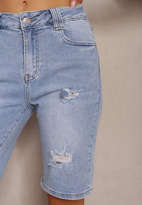 Jasnoniebieskie Szorty Jeansowe High Waist z Bawełny z Przetarciami Nelsandra
