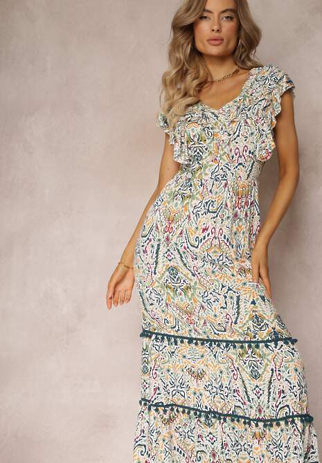 Biało-Beżowa Wiskozowa Sukienka Maxi z Pomponami i Gumką w Talii Belmona