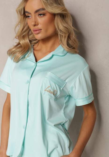 Miętowy Komplet Piżamowy z Krótką Koszulą z Napisem i Szortami Finetta