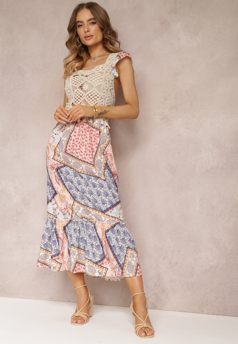 Beżowo-Niebieska Bawełniana Sukienka z Szydełkową Wstawką i Wzorem Paisley Rynlia