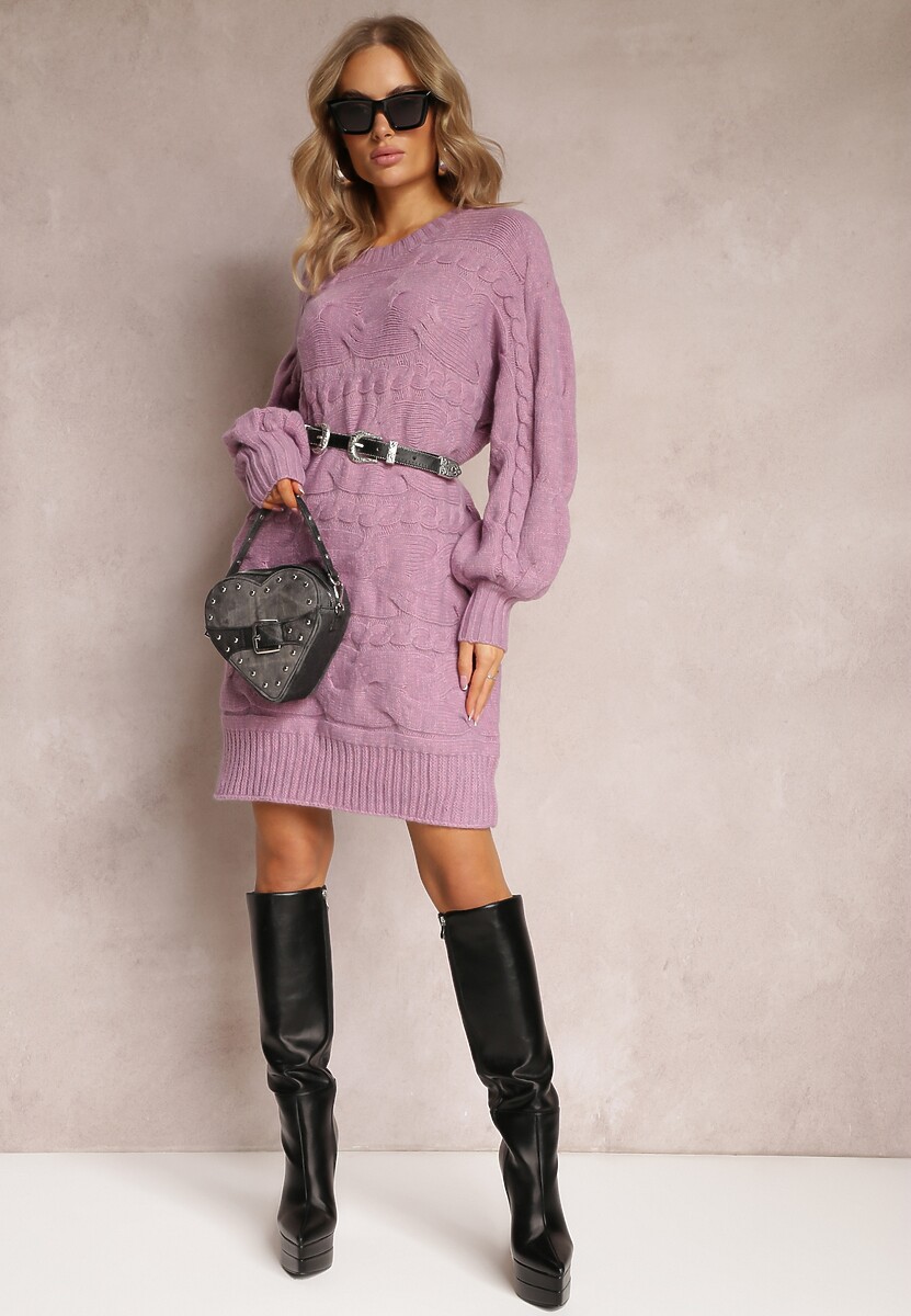 Ciemnofioletowy Długi Sweter Oversize z Wypukłym Splotem All Over Somet
