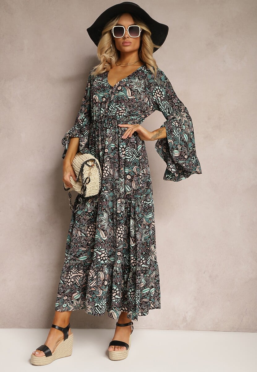 Czarno-Zielona Sukienka w Kwiatowy Print Rozkloszowana z Falbankami Airova