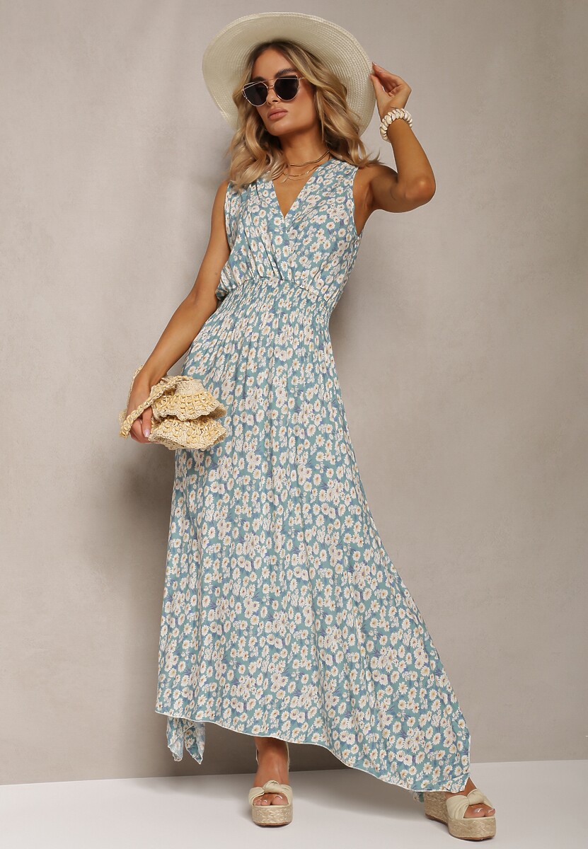 Miętowa Bawełniana Sukienka z Gumką w Pasie Kopertowym Dekoltem w Kwiaty Anelette