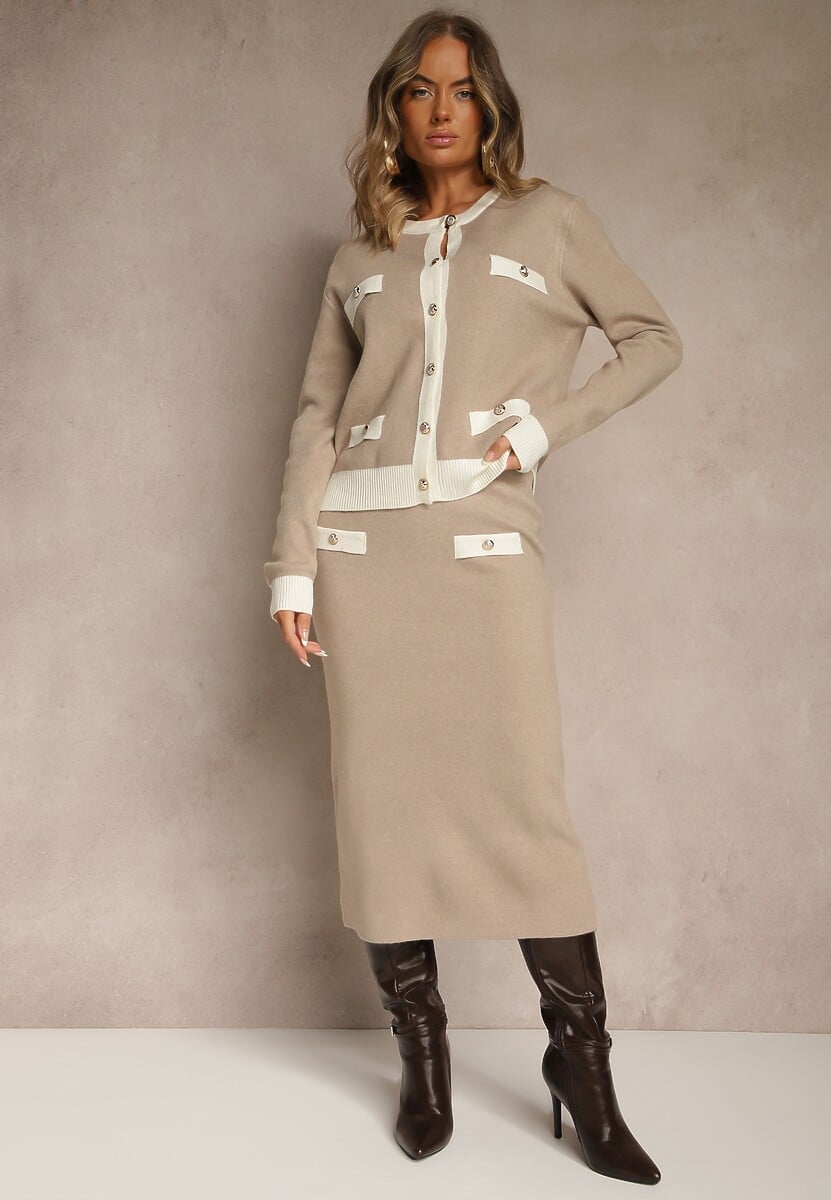 Beżowy Sweterkowy Komplet z Dzianiny z Bawełną Kardigan i Spódnica Derrive