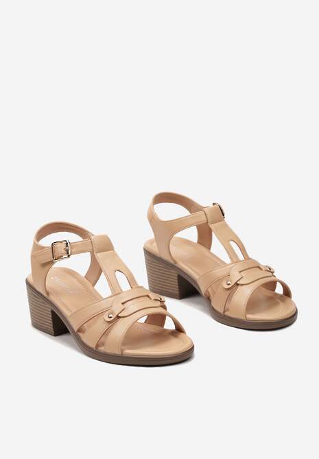 Ciemnobeżowe Sandały na Niewysokim Słupku z Ozdobnymi Paseczkami Calixa