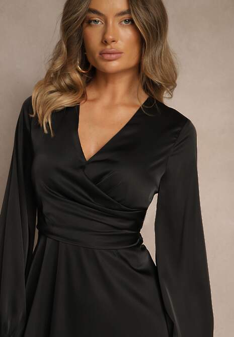 Czarna Kopertowa Sukienka VICES z Satyny z Bufiastymi Rękawami Anevite