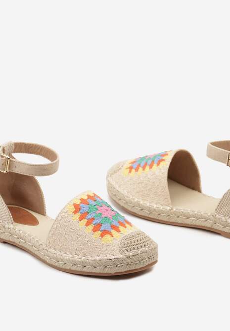 Beżowe Espadryle na Płaskiej Podeszwie Zapinane na Sprzączkę z Plecioną Podeszwą Laveda