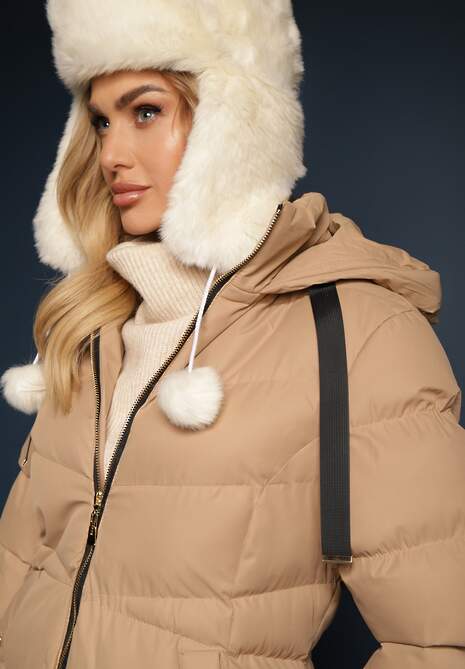 Ciemnobeżowa Kurtka Pikowana o Długim Kroju z Kapturem i Suwakiem Dwukierunkowym Naomira