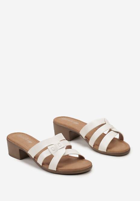 Białe Klapki na Niewysokim Słupku z Ozdobnymi Paskami Acisarda