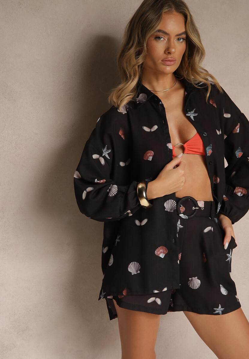 Czarny Komplet z Wiskozą Koszula i Szorty w Morski Print Reisoria