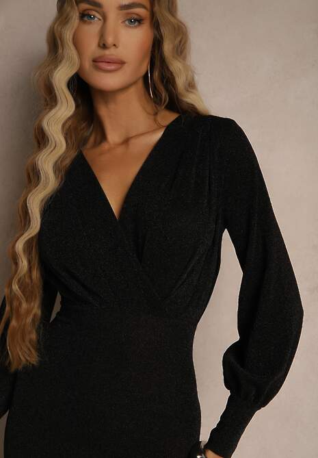 Czarna Kopertowa Sukienka o Dopasowanym Fasonie z Bufiastymi Rękawami Ulosira