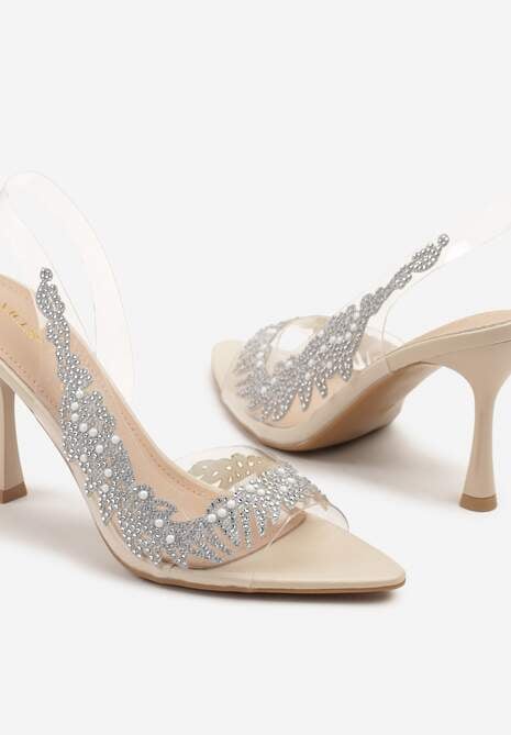 Beżowe Przezroczyste Sandały na Szpilce Vices ze Skórzaną Wkładką i Cyrkoniami Oviassa