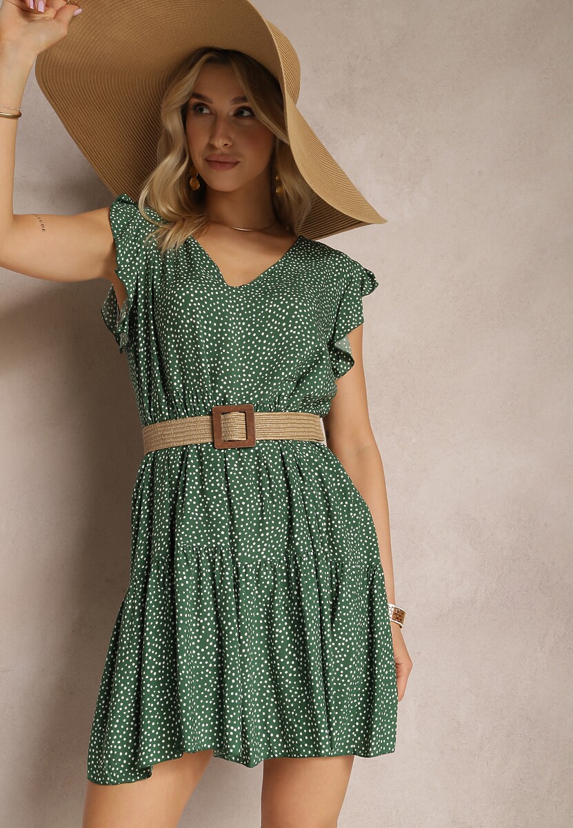 Ciemnozielona Rozkloszowana Sukienka z Bawełny w Kropki z Trójkątnym Dekoltem Riessa