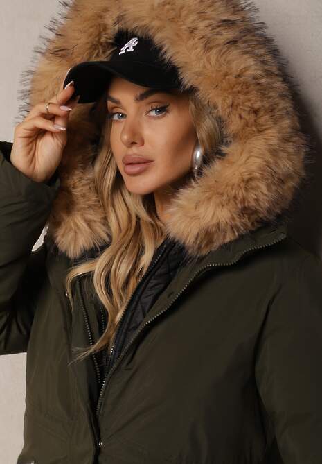 Zielona Kurtka Parka Ściągana w Talii z Podwójnym Suwakiem i Kapturem z Futrem Edrieth