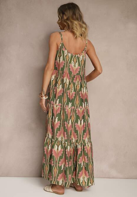 Zielono-Różowa Sukienka w Stylu Boho z Cienkimi Regulowanymi Ramiączkami Tosena