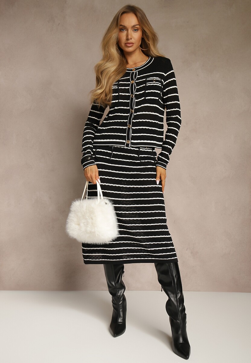 Czarny Komplet z Dzianiny z Wiskozą w Prążki Kardigan i Spódnica Sepelisse