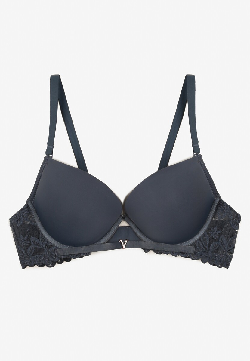 Granatowy Biustonosz Push-Up z Koronką i Wycięciem z Przodu Sariaris