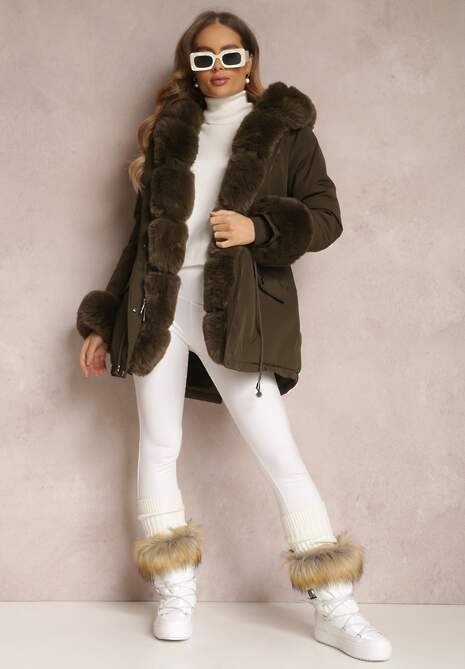 Ciemnozielona Kurtka Parka z Futerkiem i Szerokim Kapturem Florion