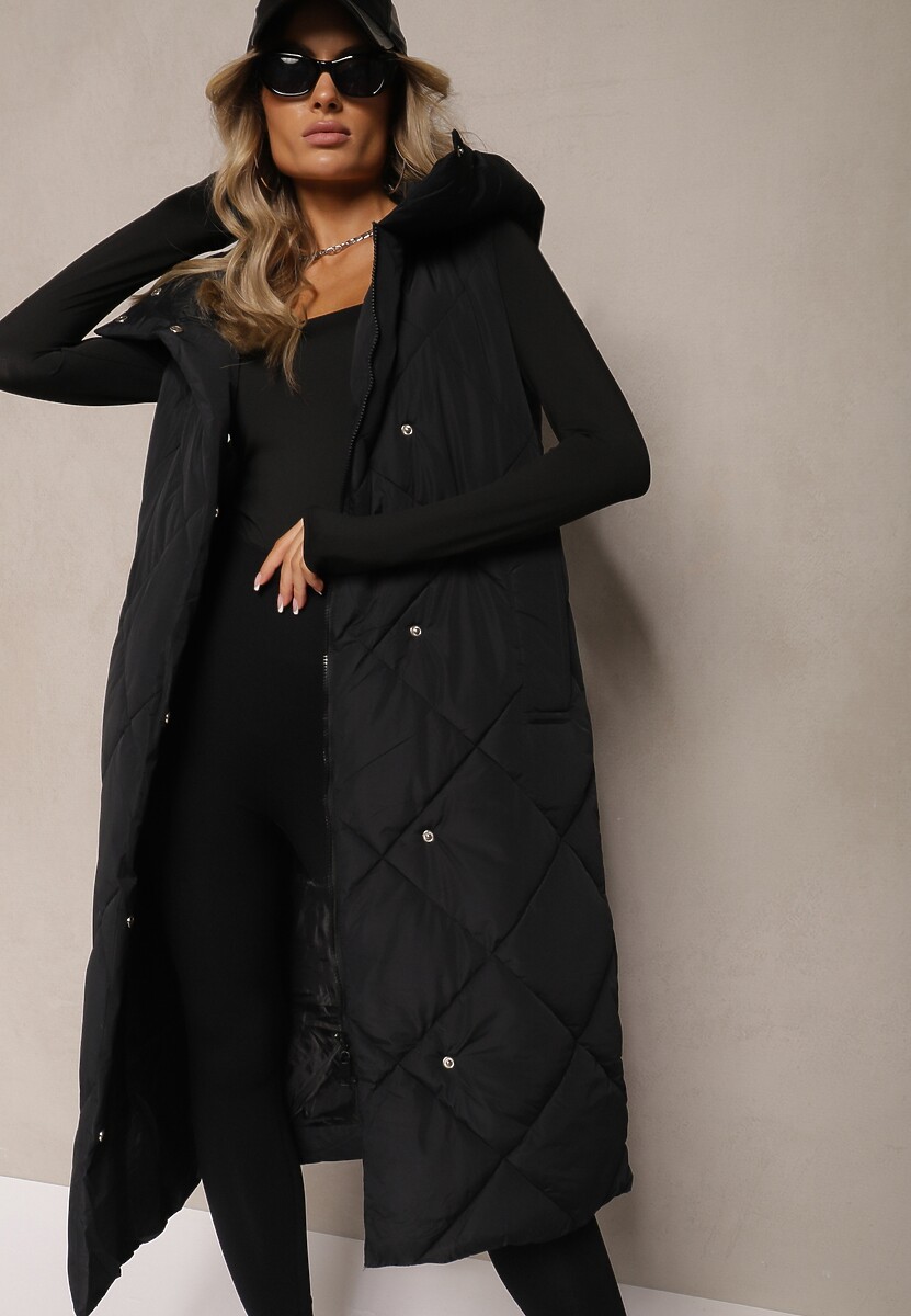 Ciemnozielona Pikowana Kamizelka na Suwak z Kapturem i Kołnierzem Mivovia