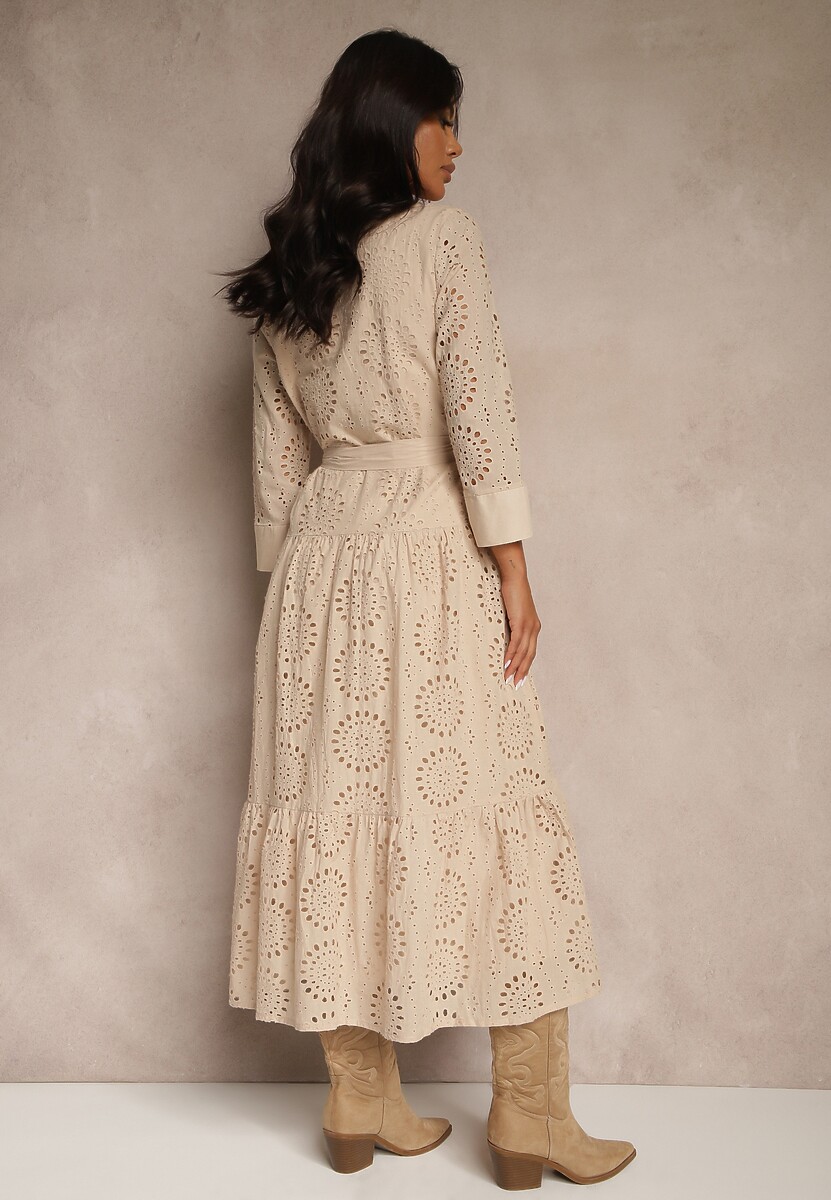 Beżowa Ażurowa Sukienka Koszulowa z Bawełnianej Tkaniny Felicema