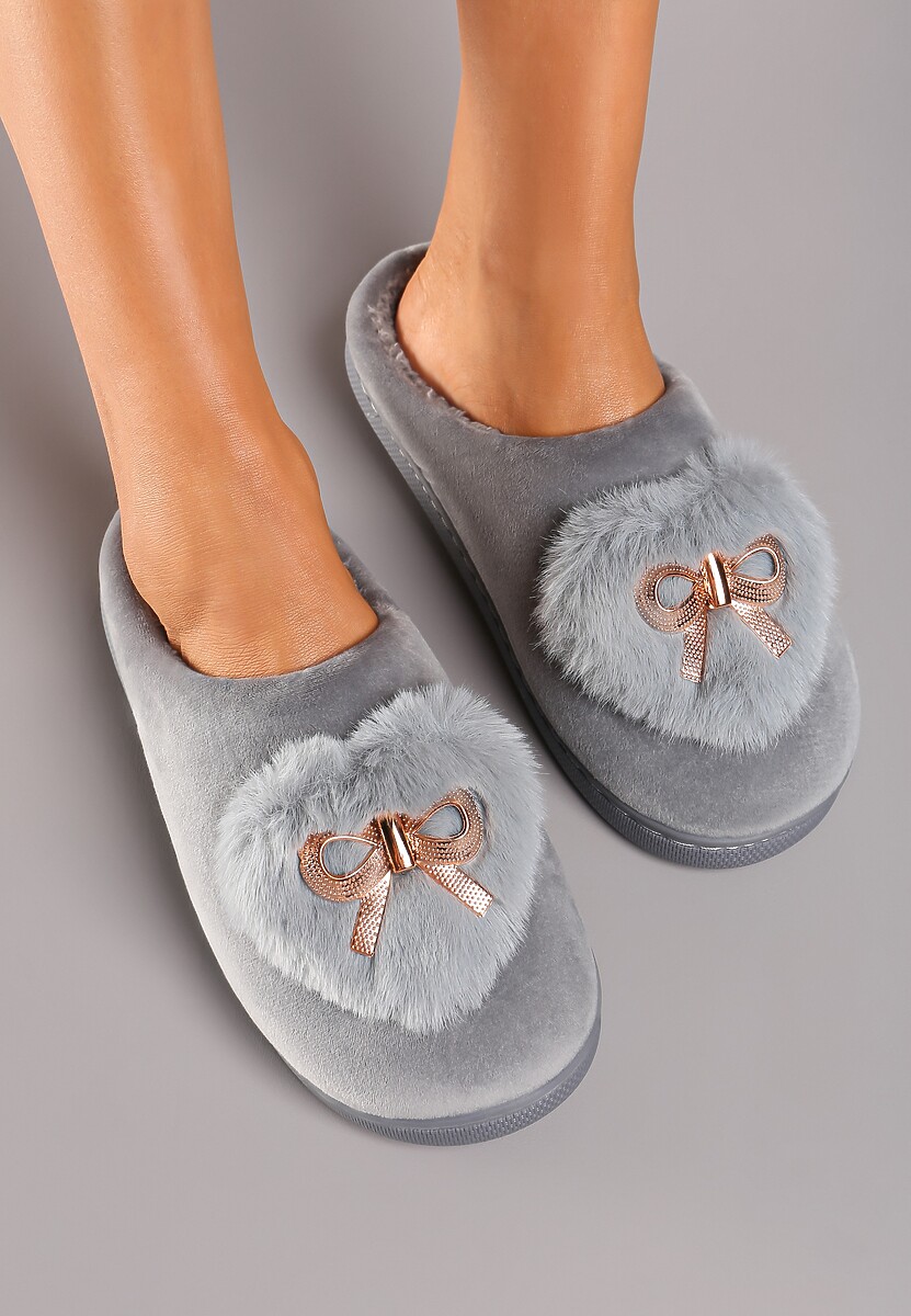 Szare Kapcie na Płaskiej Podeszwie z Kokardą Lerilina