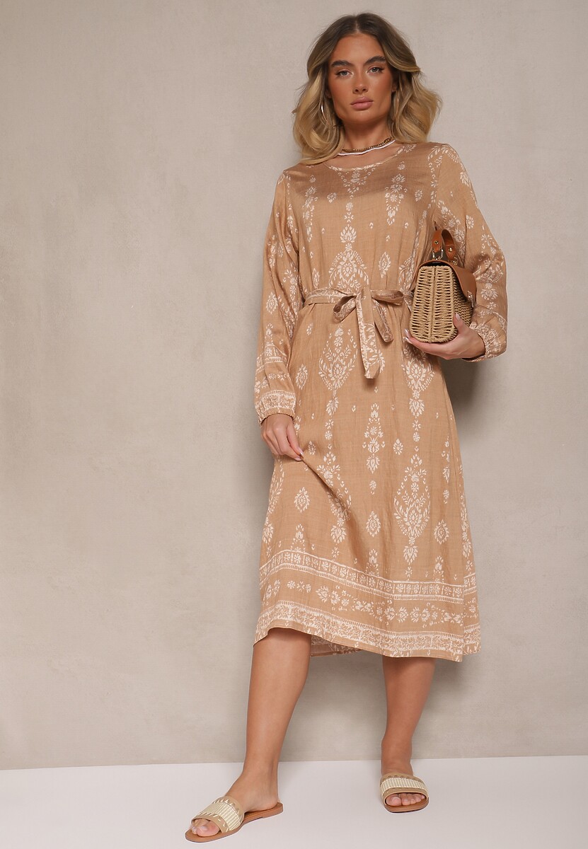 Beżowa Pudełkowa Sukienka Boho w Etniczne Wzory z Paskiem Lisalenea