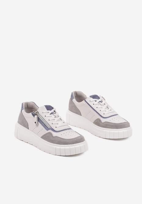 Biało-Szare Streetwearowe Sneakersy ze Skóry Naturalnej z Ozdobnym Suwakiem Eleavenna