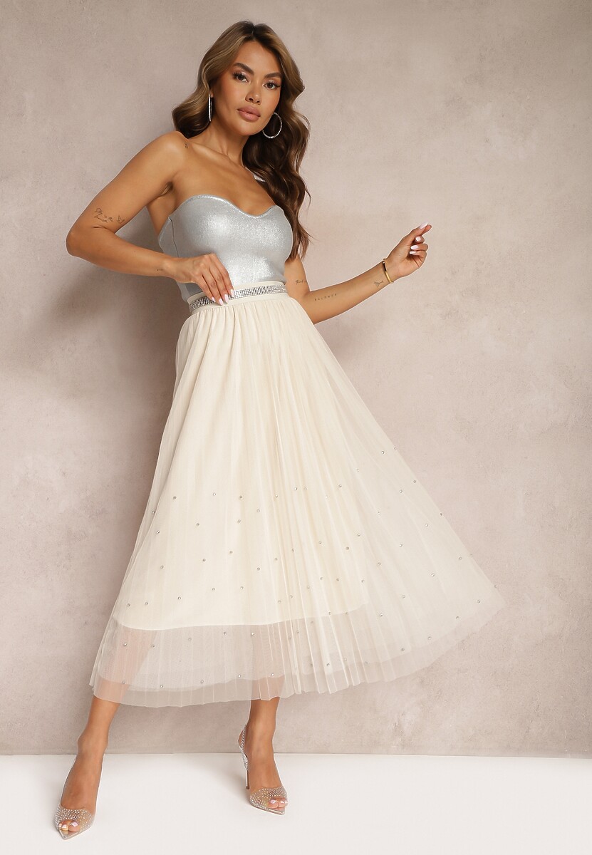 Różowa Rozkloszowana Plisowana Spódnica z Tiulu Wykończona z Przodu Cyrkoniami i Gumką w Talii Missarla