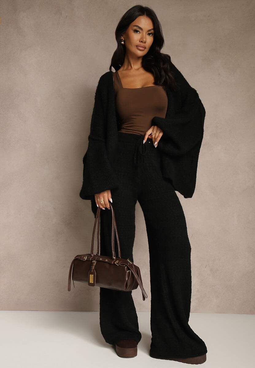 Brązowy Niezapinany Kardigan Nietoperzowy z Dodatkiem Wełny i Wiskozy Rallidia