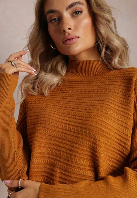 Jasnobrązowy Asymetryczny Sweter z Wełną Ozdobiony Tłoczeniem Aurorrsa