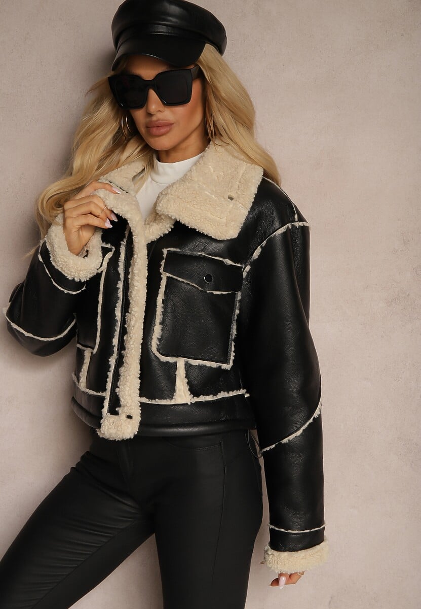 Czarna Kurtka Typu Biker o Krótkim Kroju z Kołnierzem i Kieszeniami Naonellea