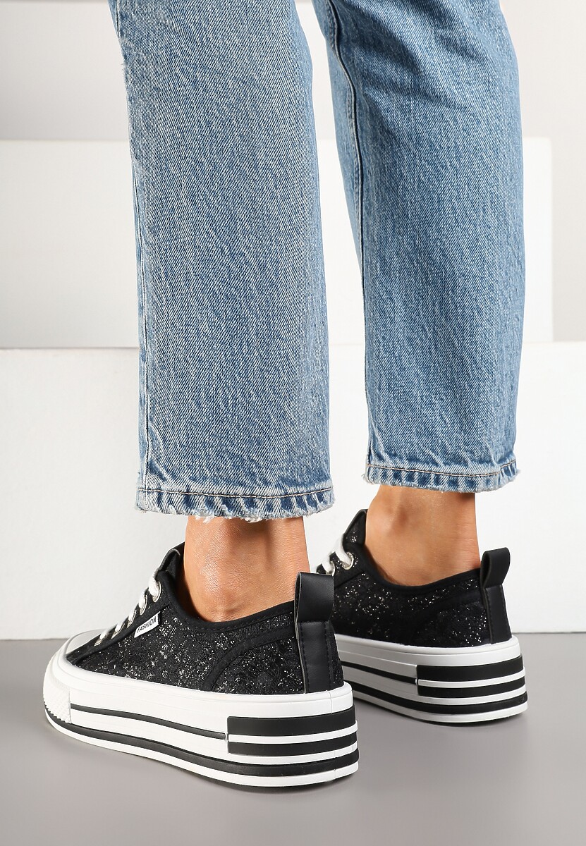 Czarne Trampki z Koronkową Wstawką z Błyszczącymi Drobinkami Daliven