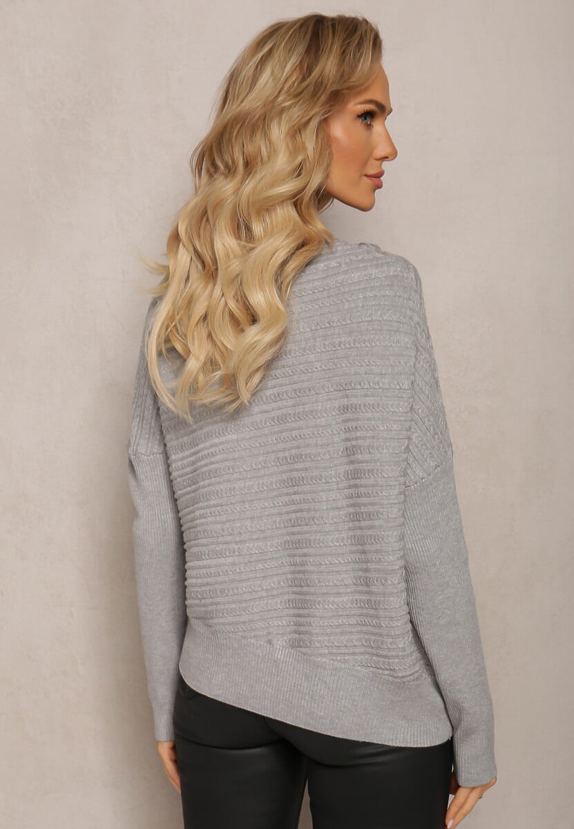 Szary Asymetryczny Sweter z Wełną Ozdobiony Tłoczeniem Aurorrsa