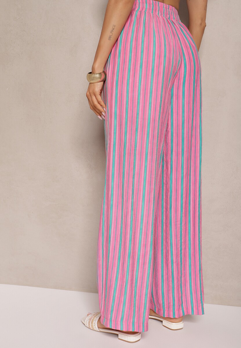 Różowe Prążkowane Spodnie High Waist o Szerokim Kroju z Gumką i Wiązaniem w Talii Helzeki