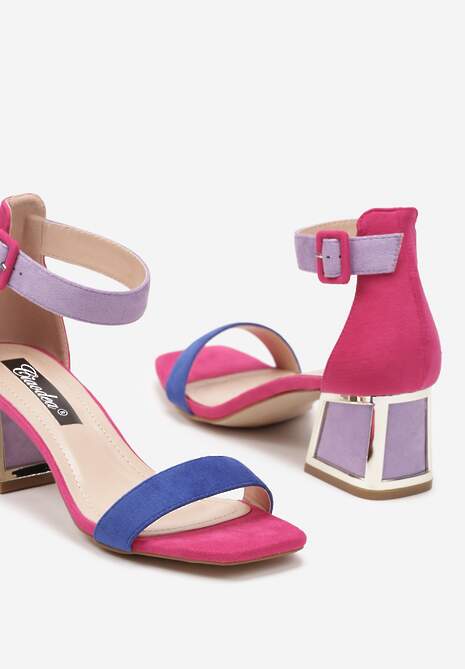 Niebiesko-Różowe Sandały z Metaliczną Wstawką na Słupku z Imitacji Zamszu Adlephia