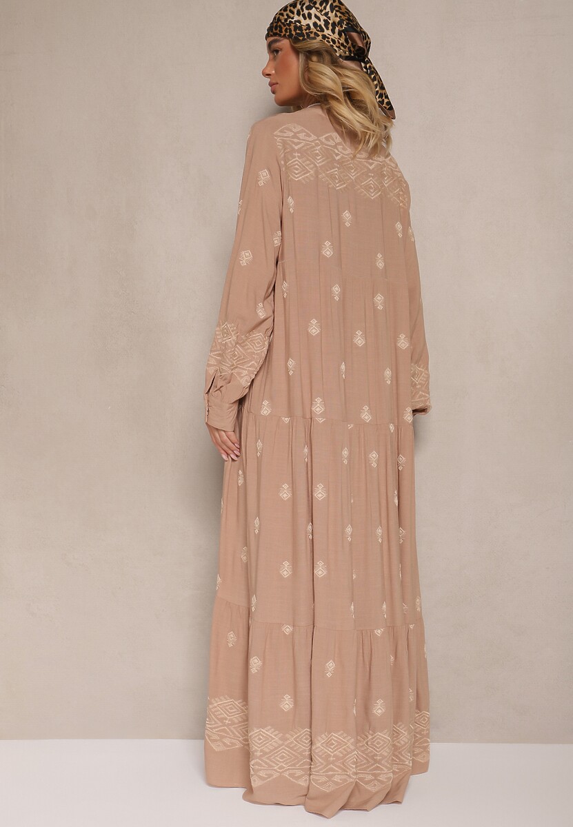 Jasnobeżowa Rozkloszowana Sukienka Ozdobiona Haftem i Wzorem Boho Ronavere