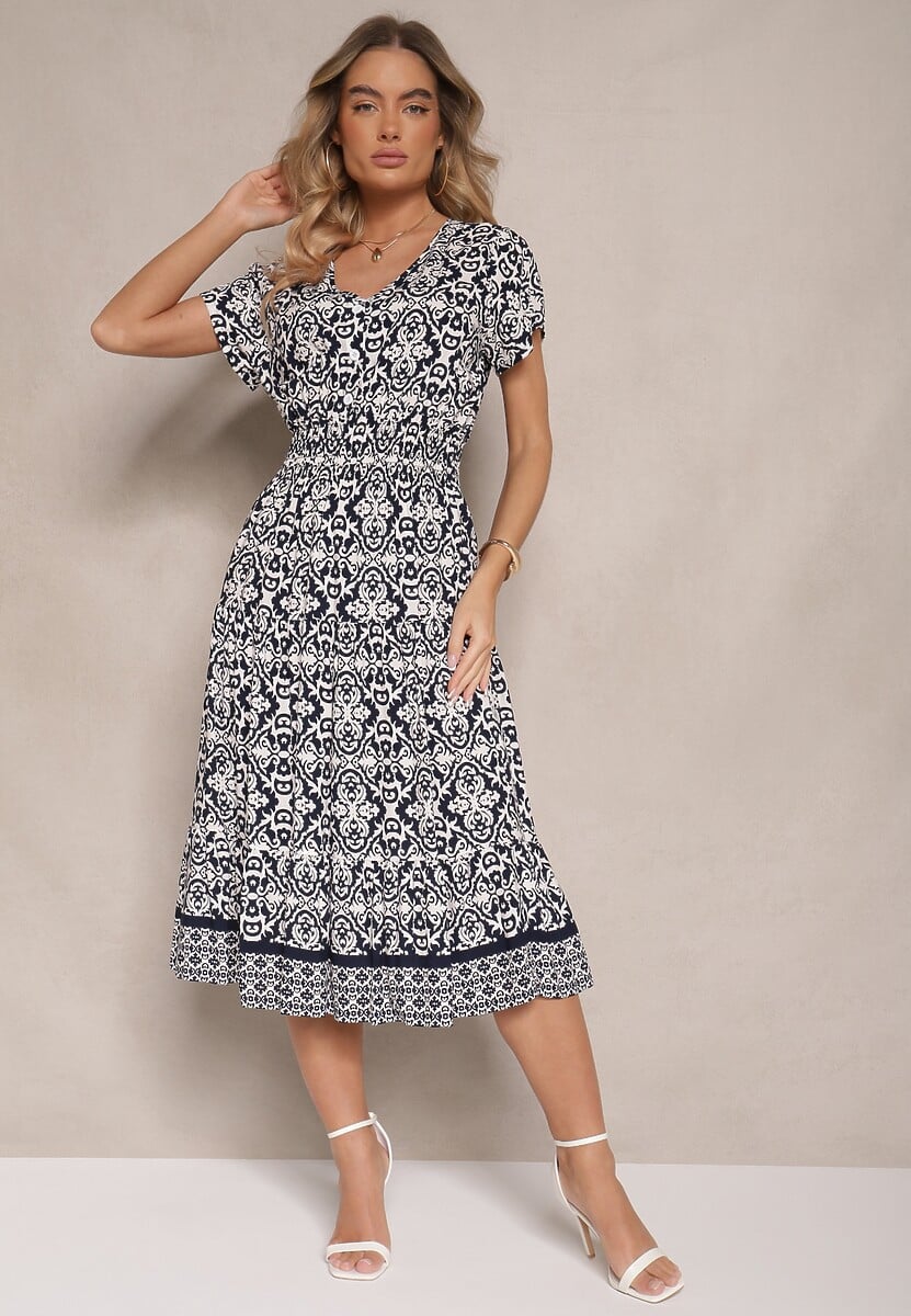 Granatowa Rozkloszowana Sukienka z Bawełny w Print Paisley Lanarisa