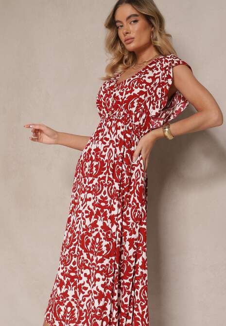 Bordowa Sukienka z Bawełny Rozkloszowana z Falbanami w Roślinny Wzór Zalimara