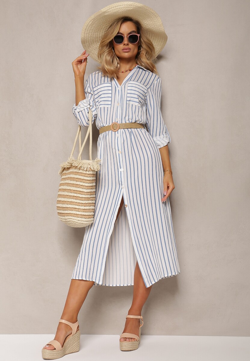 Biało-Zielona Koszulowa Sukienka Midi w Paski z Lnem i Plecionym Paskiem Efordia