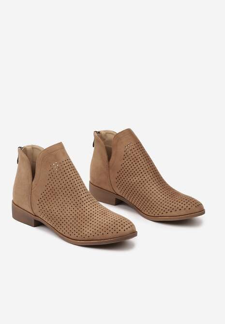 Ciemnobeżowe Botki Vices na Płaskiej Podeszwie Ozdobione Wycięciem Felirwen