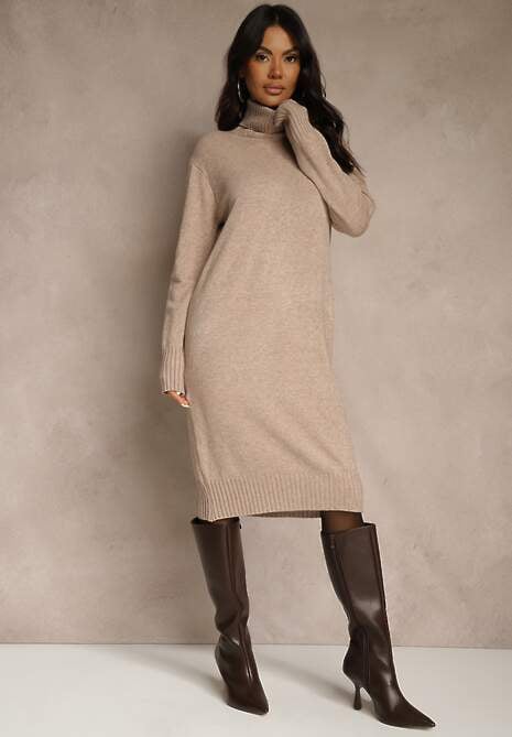 Beżowa Sweterkowa Sukienka z Bawełną i Golfem Reinaria