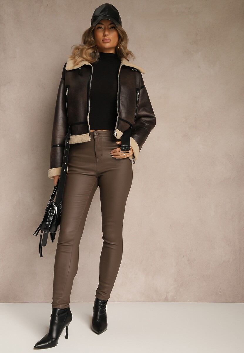 Brązowe Casualowe Spodnie Skinny o Modelującym Fasonie Elovi