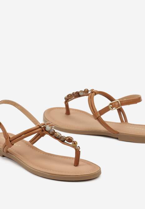 Brązowe Sandały Typu Japonki Ozdobione Koralikami Vimathea