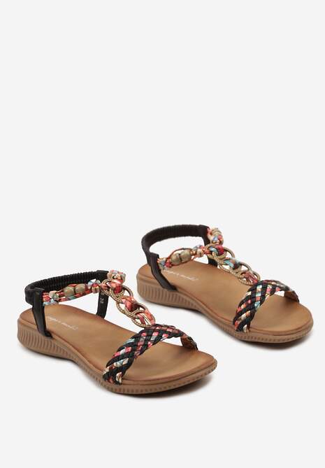 Czarne Sandały Ozdobione Koralikami na Plecionych Paskach Wiagena