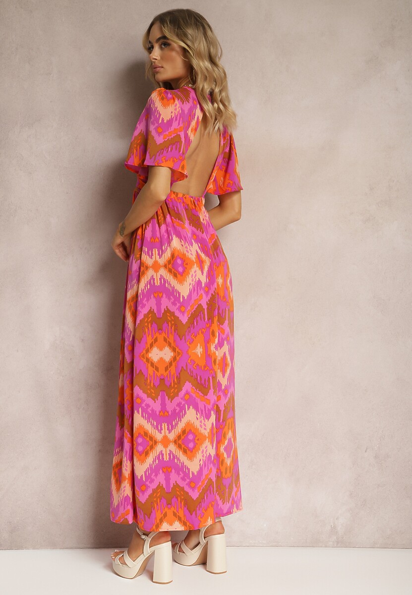 Fioletowo-Pomarańczowa Sukienka Rozkloszowana z Dekoltem w V Natica