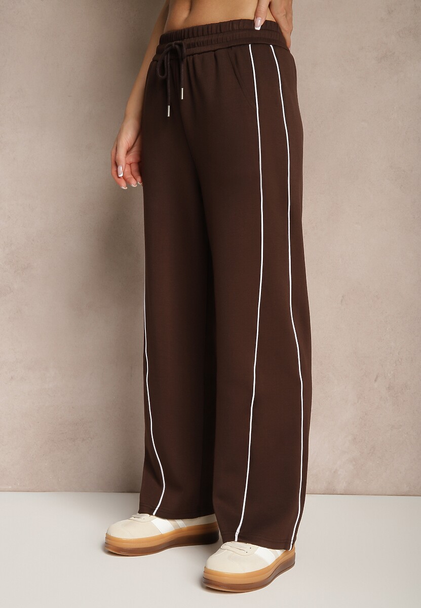 Brązowe Spodnie Dresowe z Bawełną o Szerokim Kroju High Waist z Paskami Salliara