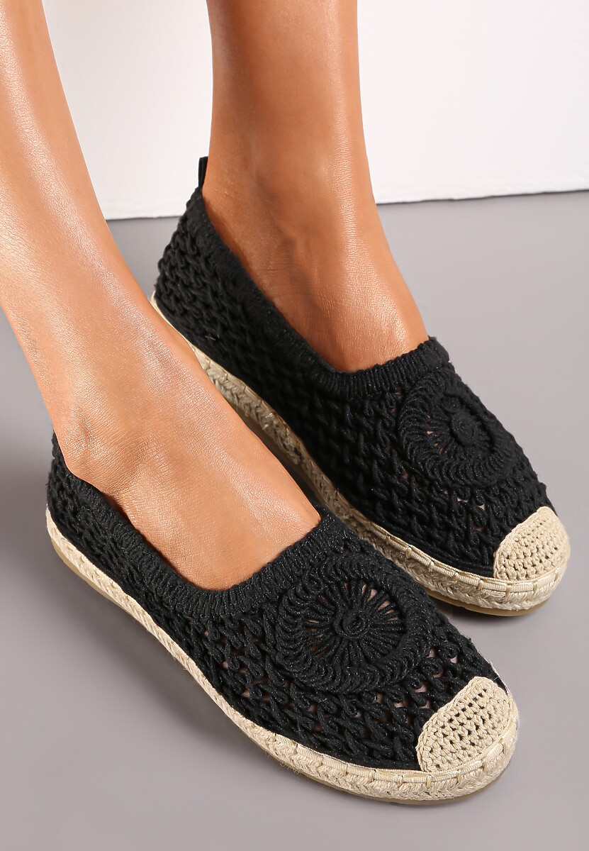 Czarne Espadryle na Plecionej Podeszwie z Ażurową Cholewką przed Kostkę Olloh