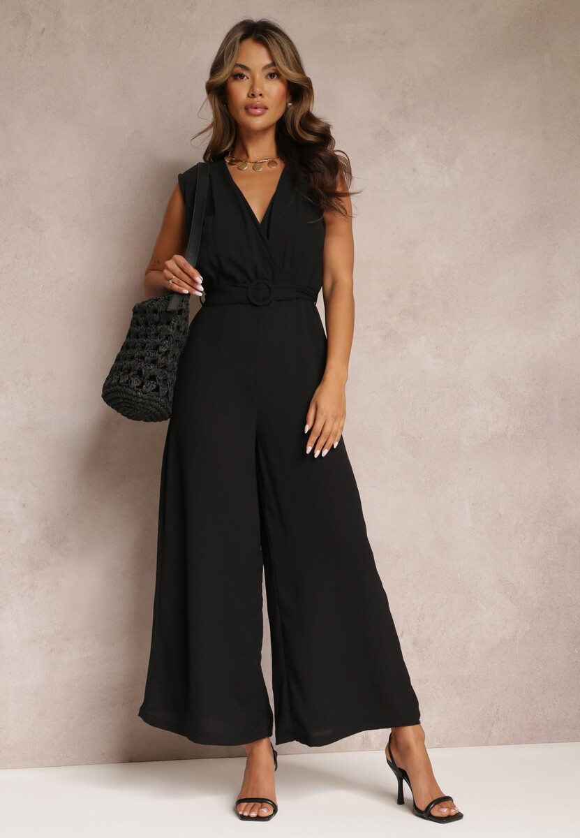 Czarny Długi Kombinezon z Kopertowym Dekoltem i Paskiem Violettsa